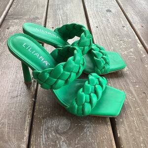 Liliana Kelly Green Braided Strappy Square Shoes Toe Heels Size 7.5
